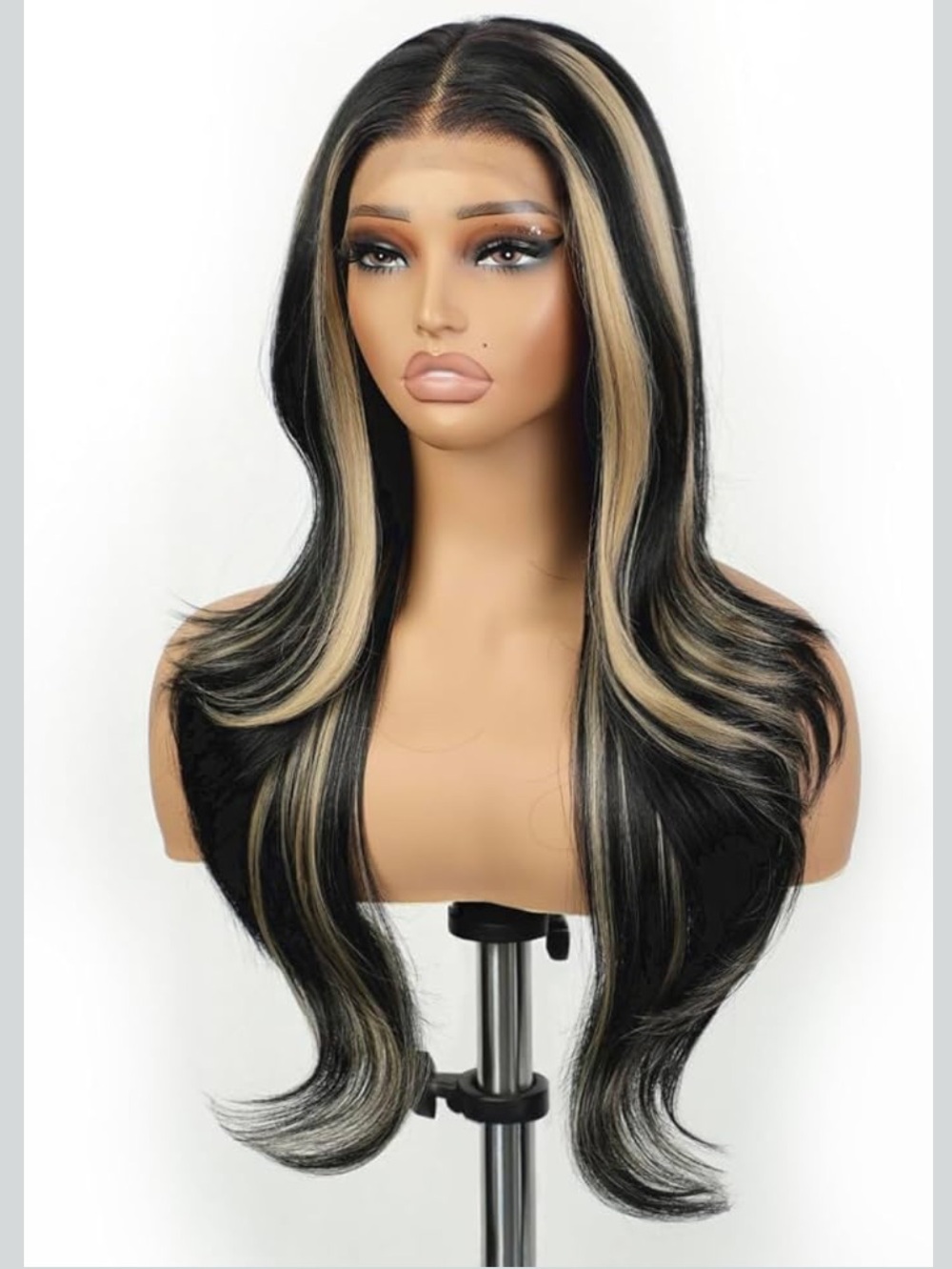 Blonde Highlight Black Long Wavy Lace Front Wig - Salon Style